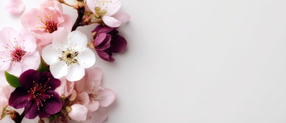 Delicate pink, white, and purple blossom flowers arranged on the left side of a light background with ample negative space