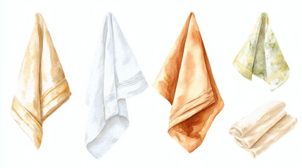 Naklejka premium A collection of watercolor towels in various colors including white, orange, and green, displayed in a hanging position