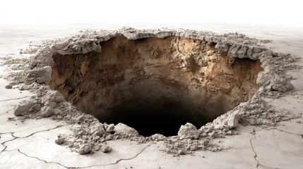A large, deep sinkhole with rough, cracked edges appears in a barren, dry landscape with a white background