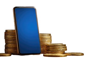 Smartphone resting on a stack of coins