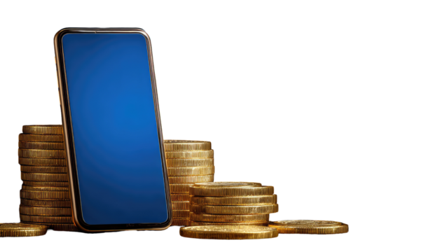 Smartphone resting on a stack of coins