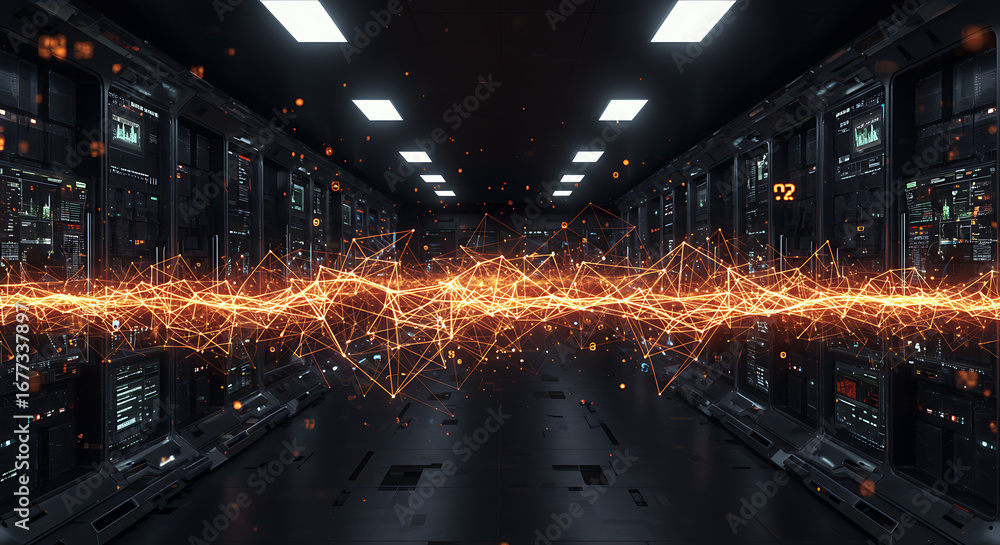Poster digital data center: an artistic representation of a data center, showcasing an illuminated network 