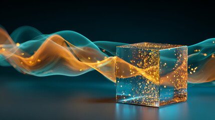 Abstract glowing glass cube with golden light particles and dynamic energy waves on dark background