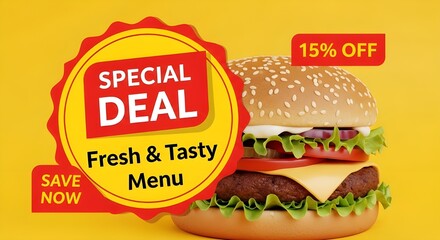 Special deal fresh and tasty menu with burger offering 15% off