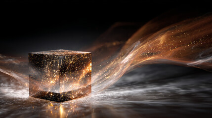Abstract glowing glass cube with golden light particles and dynamic energy waves on dark background
