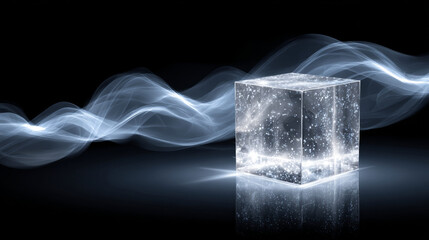 Abstract glowing glass cube with golden light particles and dynamic energy waves on dark background