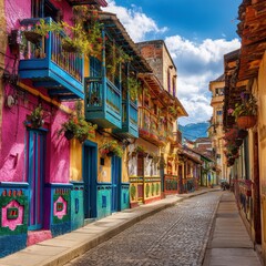 Fototapeta premium Colorful colonial street with vibrant buildings, flower-filled balconies, and cobblestone path under a bright blue sky