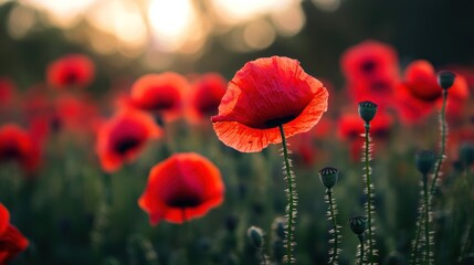 Fototapeta premium Red poppy flowers in a field at sunset.