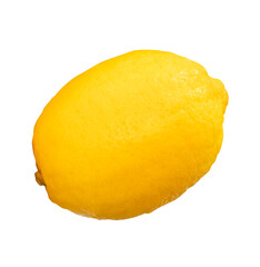 Side view of single fresh ripe yellow lemon fruit with water droplets isolated with clipping path in png file format