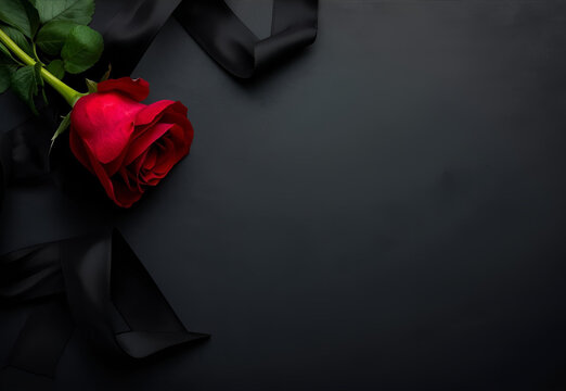 Red rose with black ribbon on black background with copy space area