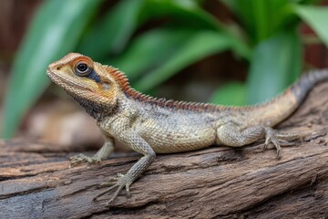 A lizard with orange head scales sits atop a weathered log foliage blurred in the background