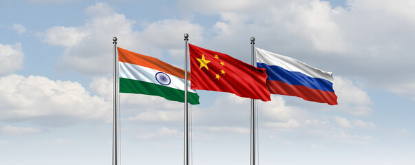 China India Russia Meeting as diplomatic flag symbols for trade partnerships and geopolitical cooperation as a summit meeting concept betweem Moscow New Dehli and Beijing as a BRICS alliance.