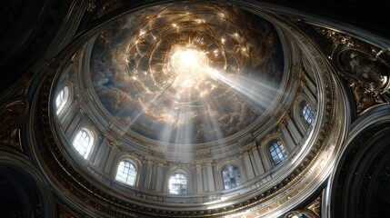 Obraz premium A magnificent, ornate dome interior, bathed in radiant light, showcasing intricate details and a sense of grandeur.