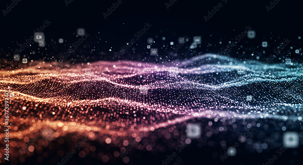 Poster digital wave: an abstract digital depiction of a flowing wave of energy and information, bursting wi