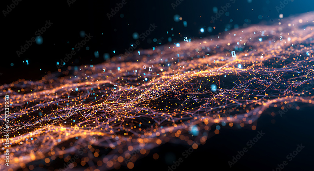 Poster digital nebula: an abstract digital representation of a nebula in deep space, formed by countless po