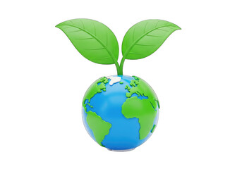Globe with Green Leaves Sprout, 3D Earth Model in Blue and Green on Transparent