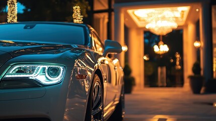 A sleek, modern car parked in front of a luxurious hotel at night.