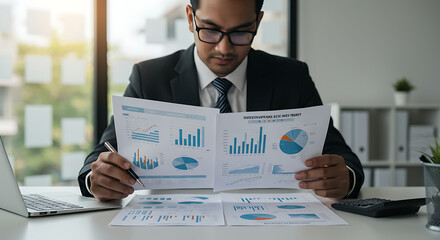 Focused Financial Analyst: A focused financial analyst diligently examines charts and graphs, carefully analyzing data in a well-lit office environment, representing strategic financial analysis.