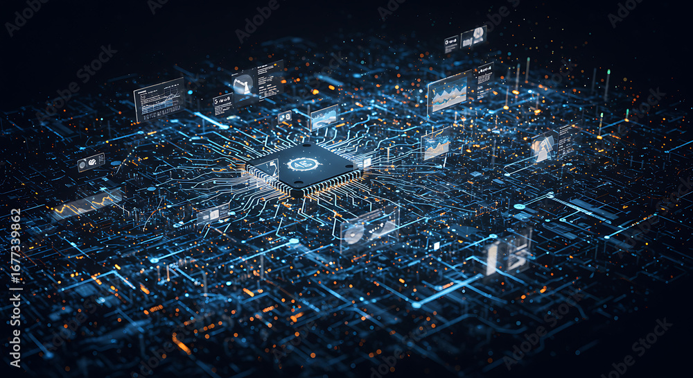 Poster digital brain: a detailed and intricately designed representation of a microchip or processor, with 