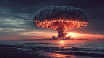Dramatic mushroom cloud explosion over ocean horizon at sunset with fiery glowing sky and stormy clouds