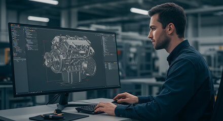 Engineering the Future: A dedicated engineer intently focused on a detailed engine blueprint displayed on a cutting-edge monitor, embodying innovation and technical expertise.