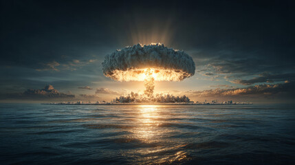 Dramatic mushroom cloud explosion over ocean horizon at sunset with fiery glowing sky and stormy clouds