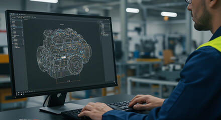 Engineering Blueprint: An engineer meticulously works on an intricate 3D blueprint of a mechanical component, highlighting the precision and detail of engineering design.  