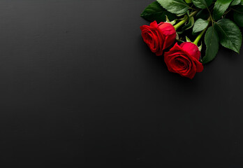 Two red roses on black background with copy space area. Flat lay, top view