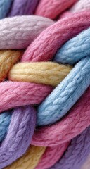 Close-up of a tightly woven braid of pastel-colored thick yarn; pink, purple, light blue, and yellow strands intertwine in a complex knot