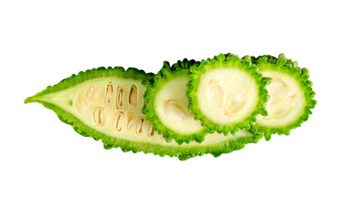 One half with three slices of bitter gourd in stack isolated with clipping path in png file format