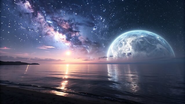 Beautiful night ocean beach with moon and stars wallpaper for desktop background and mobile phone screensaver