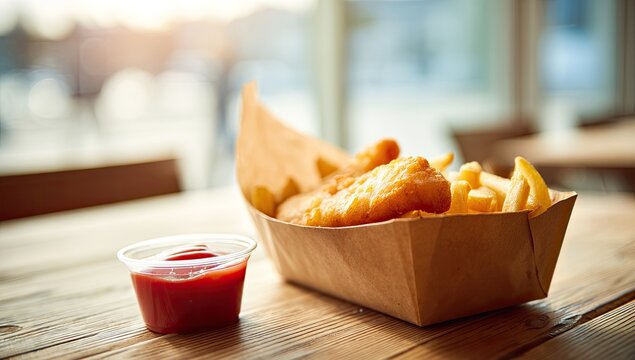 Crispy fish nuggets and golden fries served in a brown paper boat with a side of ketchup on a rustic wooden table, bathed in warm sunlight