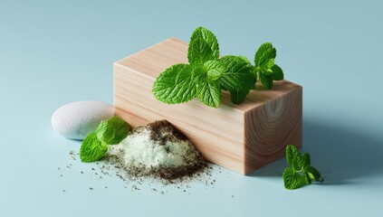 Light-blue background, wooden block displays sprigs of mint, a white stone, and a blend of light-green and dark-brown powders