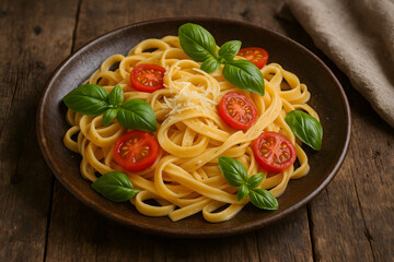 Assiette de p&acirc;tes fra&icirc;ches avec tomates cerises et basilic