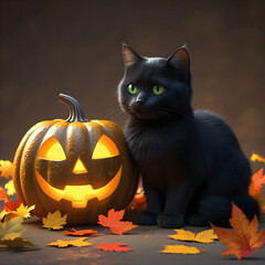 Halloween Cat: Black Feline Posing with Illuminated Jack-o'-lantern & Autumn Leaves - Spooky Season Pet