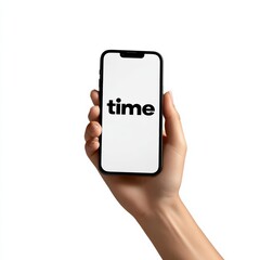 A hand holds a smartphone displaying the word "time" on a white screen, emphasizing modern technology and time management