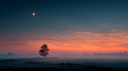 Obraz premium Early morning, Belgian field, light fog. Just before sunrise