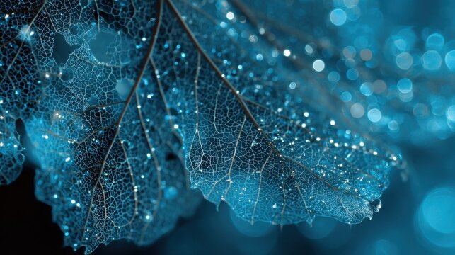 Skeletal Leaf with Water Droplets, Blue Tones