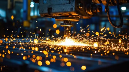 A laser cutter cutting metal with sparks flying.