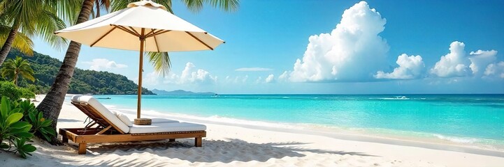 Obraz premium Relaxing beach scene with comfortable beds positioned under a large beach umbrella offering shade and comfort , calm, peaceful, sky