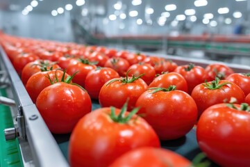 Fresh red tomatoes move along a conveyor belt in a modern food processing facility with bright lighting