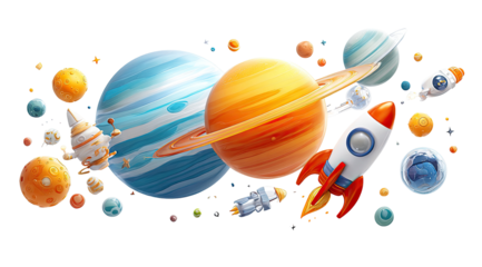 Colorful space planets and rockets