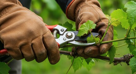 Gloved hands meticulously pruning vibrant green grapevines with precision shears, ensuring healthy vineyard growth and optimal yield