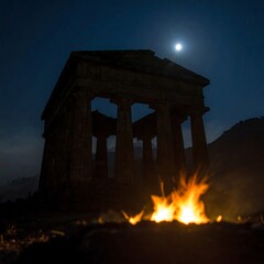 Fototapeta premium Ancient temple at night, fire in foreground