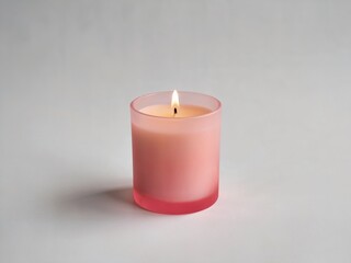 Lit pink candle in a glass jar casting a soft glow on a neutral background