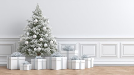 A white Christmas tree decorated with silver ornaments stands beside neatly wrapped presents in a bright, elegant room