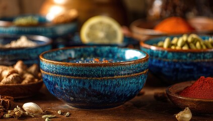 Colorful bowls of spices and ingredients for culinary use.