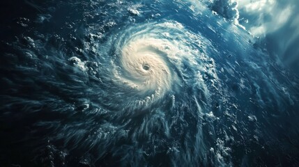 A swirling hurricane over the ocean with dark clouds and lightning in the sky.