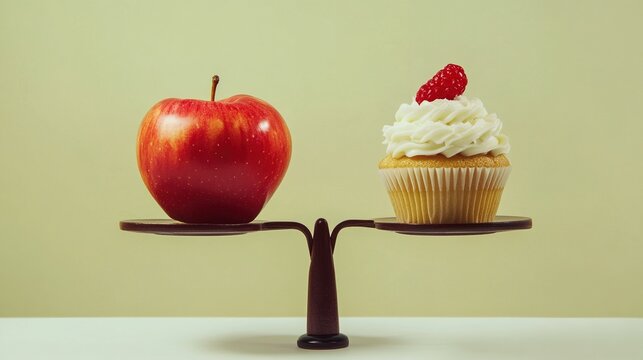 Apple And Cupcake: Visual Element Of Dietary Balance And Healthy Choice