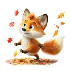 Fototapeta premium Animated fox character playing and jumping in autumn leaves 
